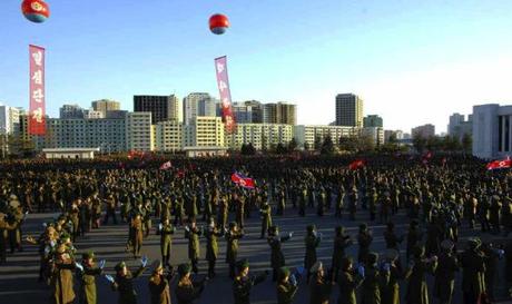 A dance party of KPA service members and officers,held at the Ministry of the People's Armed Forces in Pyongyang on 3 February 2014.  The party was held to mark Kim Jong Un's nomination as a candidate for deputy to the 13th Supreme People's Assembly (Photo: Rodong Sinmun).