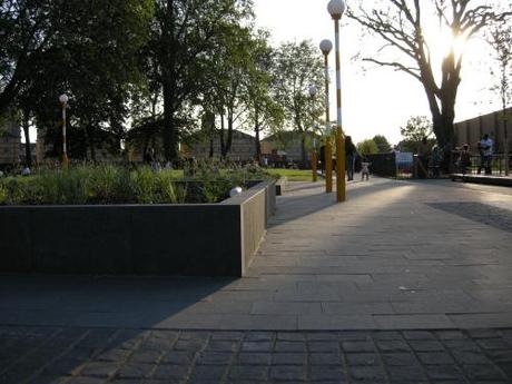 St Mary's Churchyard, Elephant and Castle, London - Frontage to  Park with Planters