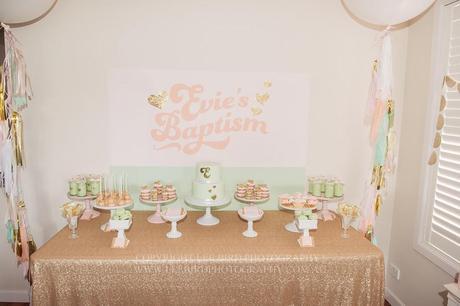 Mint, peach and gold glitter Baptism by Lola and Co Party Styling