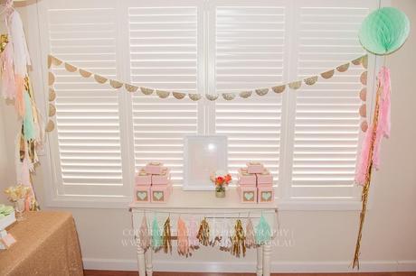 Mint, peach and gold glitter Baptism by Lola and Co Party Styling