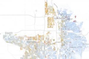 Salt Lake City as depicted on Dustin Cable’s map, drawn on data from the 2010 U.S. Census (showing one dot per person, color-coded by race; blue = white; orange = Latino). photo credit: Dustin Cable