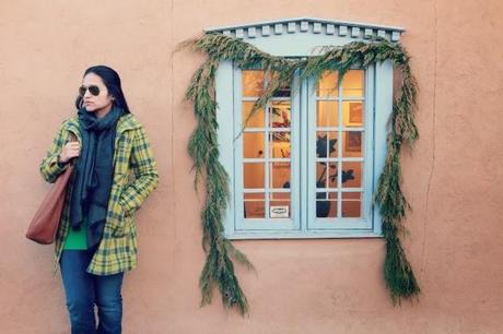Tartan Coat, Levis Jeans, Gucci Scarf, Ray Ban Sunglasses,  GAP Boots, Cuyana Bag, Tanvii.com