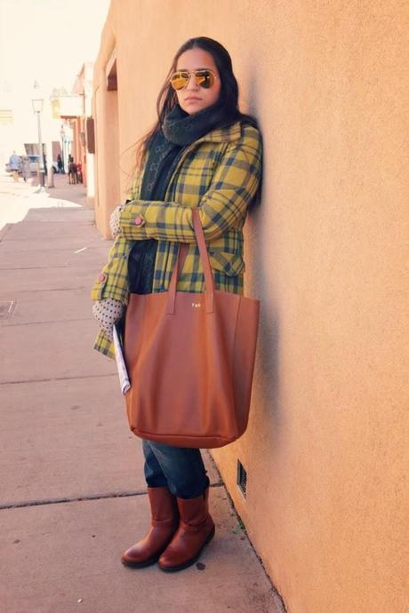 Tartan Coat, Levis Jeans, Gucci Scarf, Ray Ban Sunglasses,  GAP Boots, Cuyana Bag, Tanvii.com