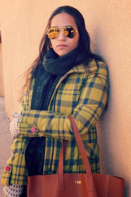 Tartan Coat, Levis Jeans, Gucci Scarf, Ray Ban Sunglasses,  GAP Boots, Cuyana Bag, Tanvii.com