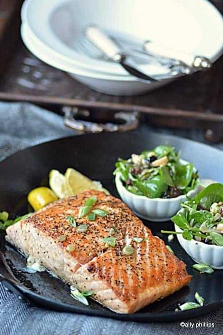 salmon with watercress scallion caper vinaigrette topping