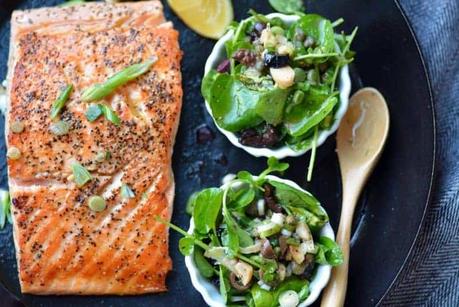 salmon with watercress scallion caper vinaigrette topping