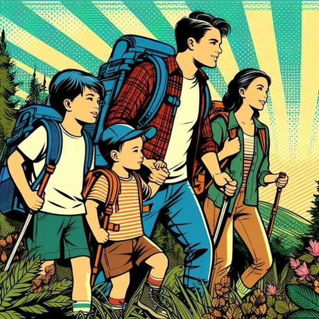 A family hiking with thier kids