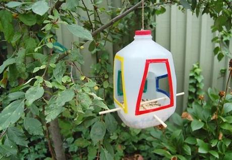 Bird Feeder Made With an Empty Plastic Milk Bottle