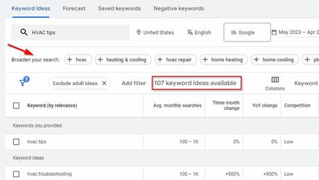 hvac tips Google Keyword Planner results 