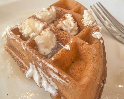 Three views of a waffle: before, during, and mostly gone