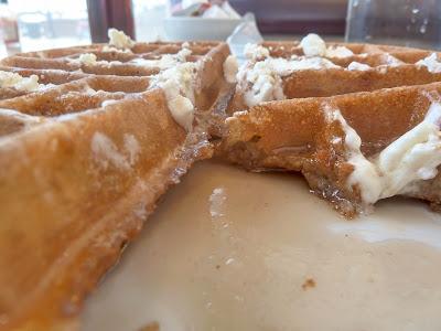 Three views of a waffle: before, during, and mostly gone