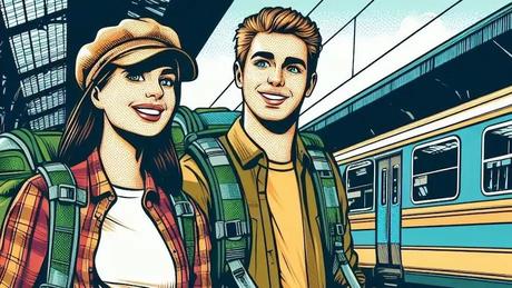 A couple traveling by train to reduce their carbon footprint A couple traveling by train to reduce their carbon footprint