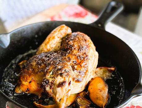 Roast Chicken with Sour Cherries, Green Olives, Fennel & Thyme