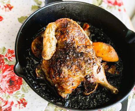 Roast Chicken with Sour Cherries, Green Olives, Fennel & Thyme