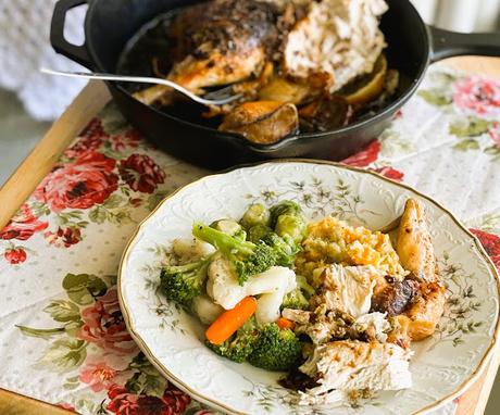 Roast Chicken with Sour Cherries, Green Olives, Fennel & Thyme