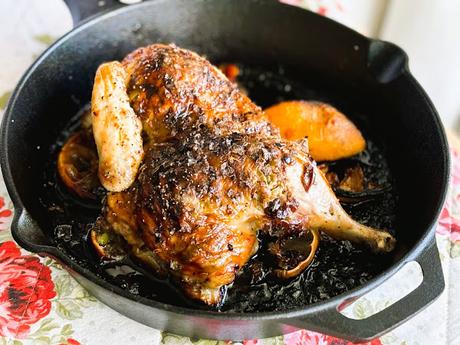 Roast Chicken with Sour Cherries, Green Olives, Fennel & Thyme