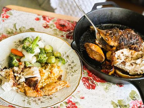 Roast Chicken with Sour Cherries, Green Olives, Fennel & Thyme