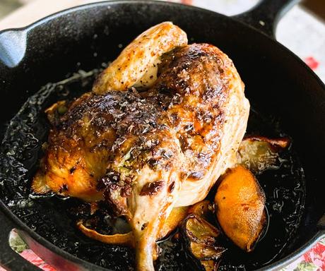 Roast Chicken with Sour Cherries, Green Olives, Fennel & Thyme