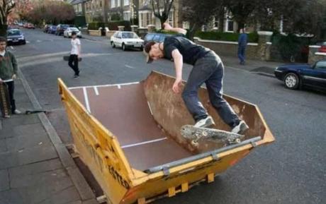 Refuse Skip made into half-pipe