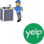 a cartoon of a man holding a wrench near an HVAC unit with the Yelp logo in green