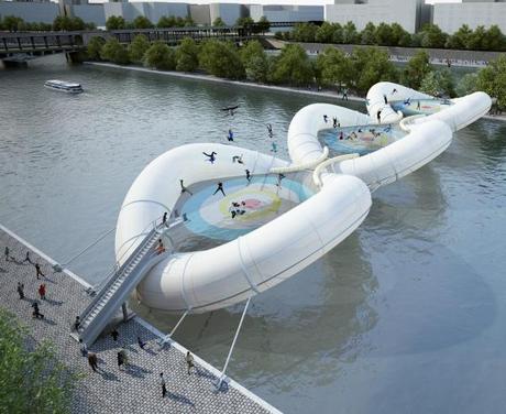 Inflatable trampoline bridge