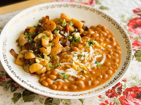 Bacon Potato Hash with Cheesy Beans