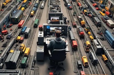 A boy in a room surrounded by trains looking at trains on social media