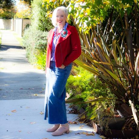 Column silhouette - denim skirt, blouse and jacket