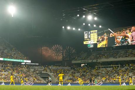 Jul 3, 2024; Columbus, OH, USA; Red, White & Boom fireworks go off during the second half of the MLS soccer match between the Columbus Crew and Nashville SC at Lower.com Field. The Crew won 2-0.