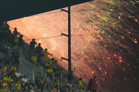 Jul 3, 2024; Columbus, OH, USA; Red, White & Boom fireworks go off during the second half of the MLS soccer match between the Columbus Crew and Nashville SC at Lower.com Field. The Crew won 2-0.