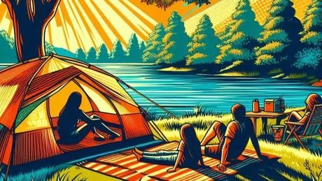 A family keeping cool at a campground in the shade by a lake