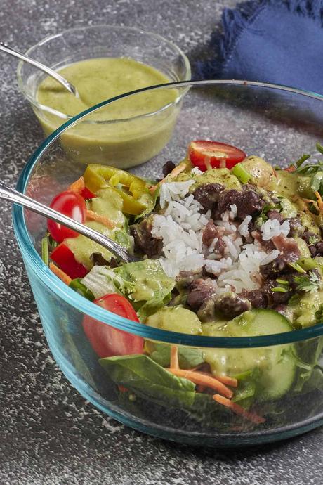 Salad with rice, beans, and this green Chile lime salad dressing