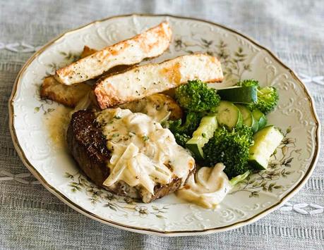 Grilled Steak with Onion & Blue Cheese Sauce