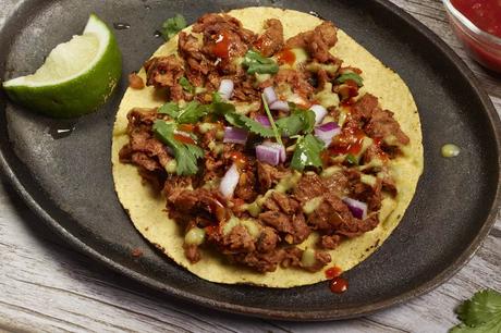 corn tortilla topped with vegan carne asada