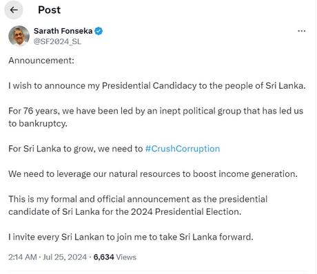 Sarath Fonseka announces candidacy for Pres. Poll