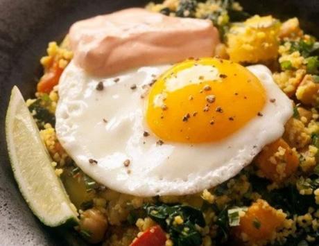 Braised Chickpeas and Vegetables with Couscous, Harissa Yogurt, and Soft Eggs