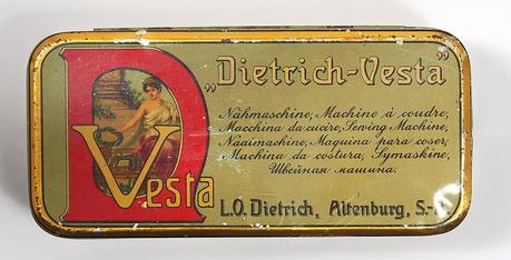 Tin box of Dietrich-Vesta sewing machine attachments from The Netherlands