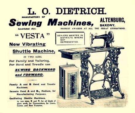 1898 advertisement of the new Vesta vibrating shuttle sewing machine by L. O. Dietrich