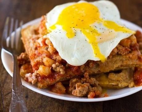 Chili and cornbread waffle stacks