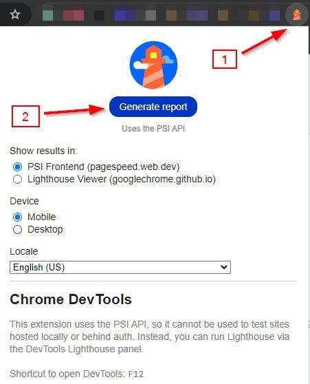 Screenshot of steps to run a LightHouse report