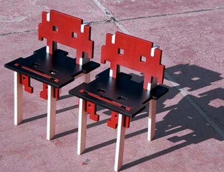 Space Invaders inspired wooden painted chair