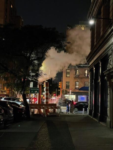 Night time view of a New York steam chimney in Soho