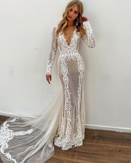 bridal dresses sexy slip sheath with long sleeves deep v neckline lace berta