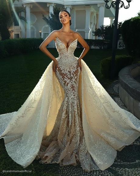 wedding dress styles mermaid with overskirt lace sequins saidmhamad