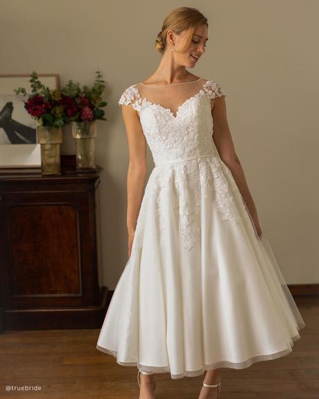 wedding dress styles tea length lace sweetheart neckline truebride