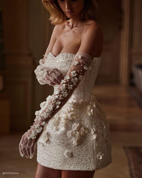 wedding dress styles short with detached sleeves floral appliques sexy milla nova