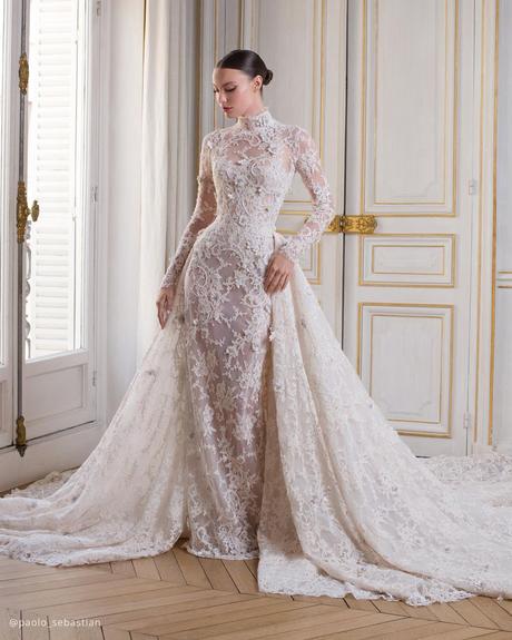 wedding dress styles sheath lace vintage long sleeves overskirt paolo sebastian