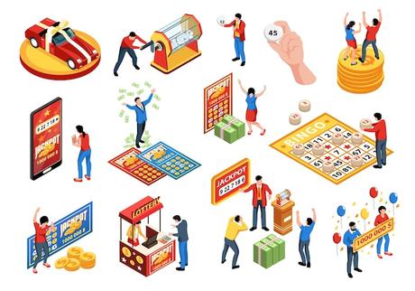 Free vector isometric lottery and bingo icons set with winning and losing people isolated vector illustration