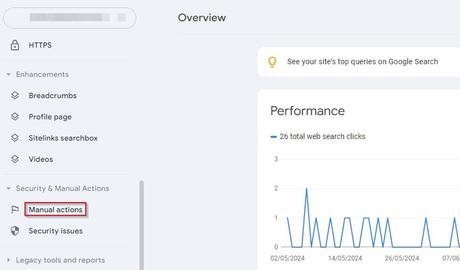 A screenshot showing where you check for manual actions in Google Search Console