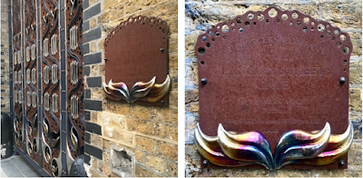 Commemorative plaques and woodblocks in Langley Street, Covent Garden